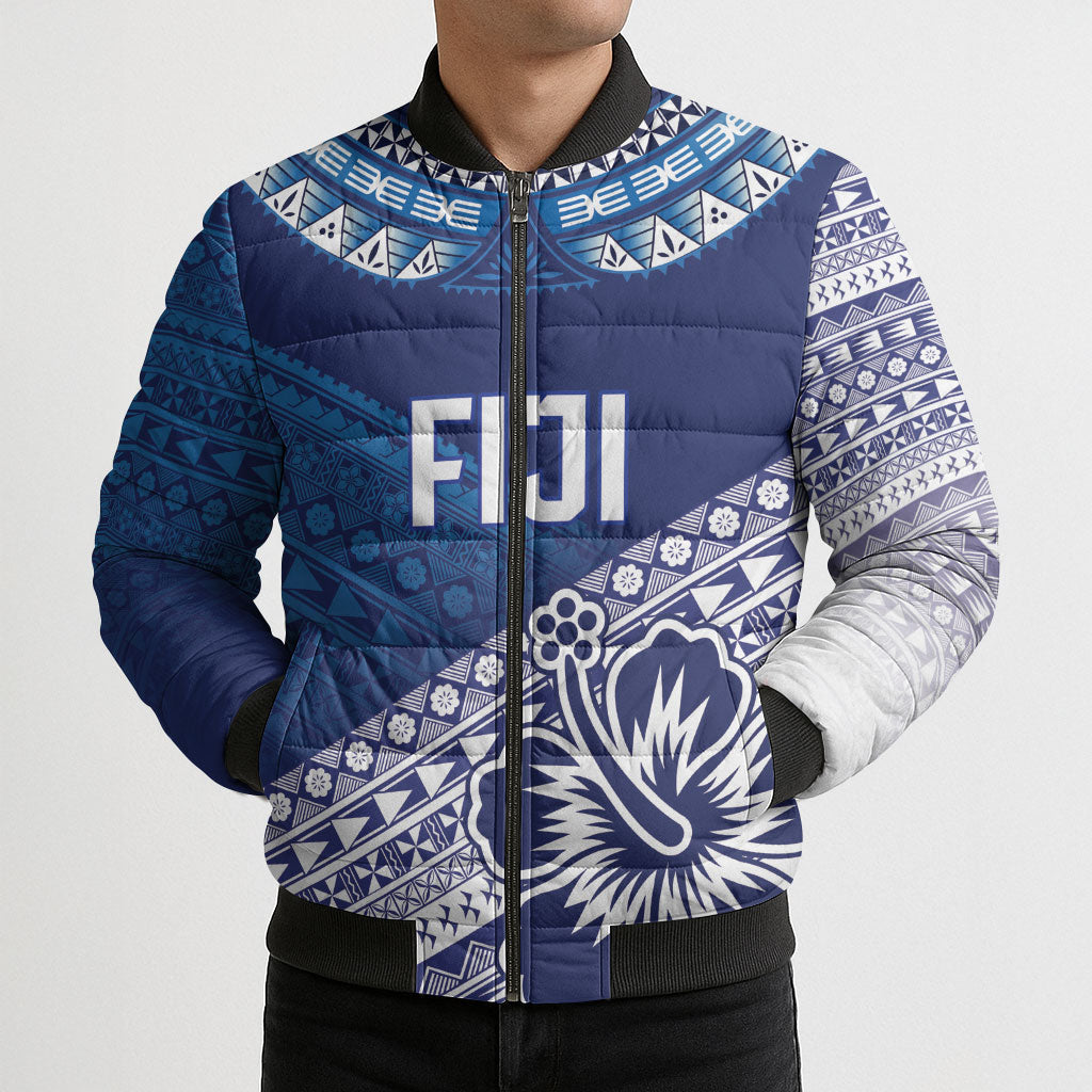 Custom Rugby Fiji Bomber Puffer Jacket Blue Traditional Masi Inspired