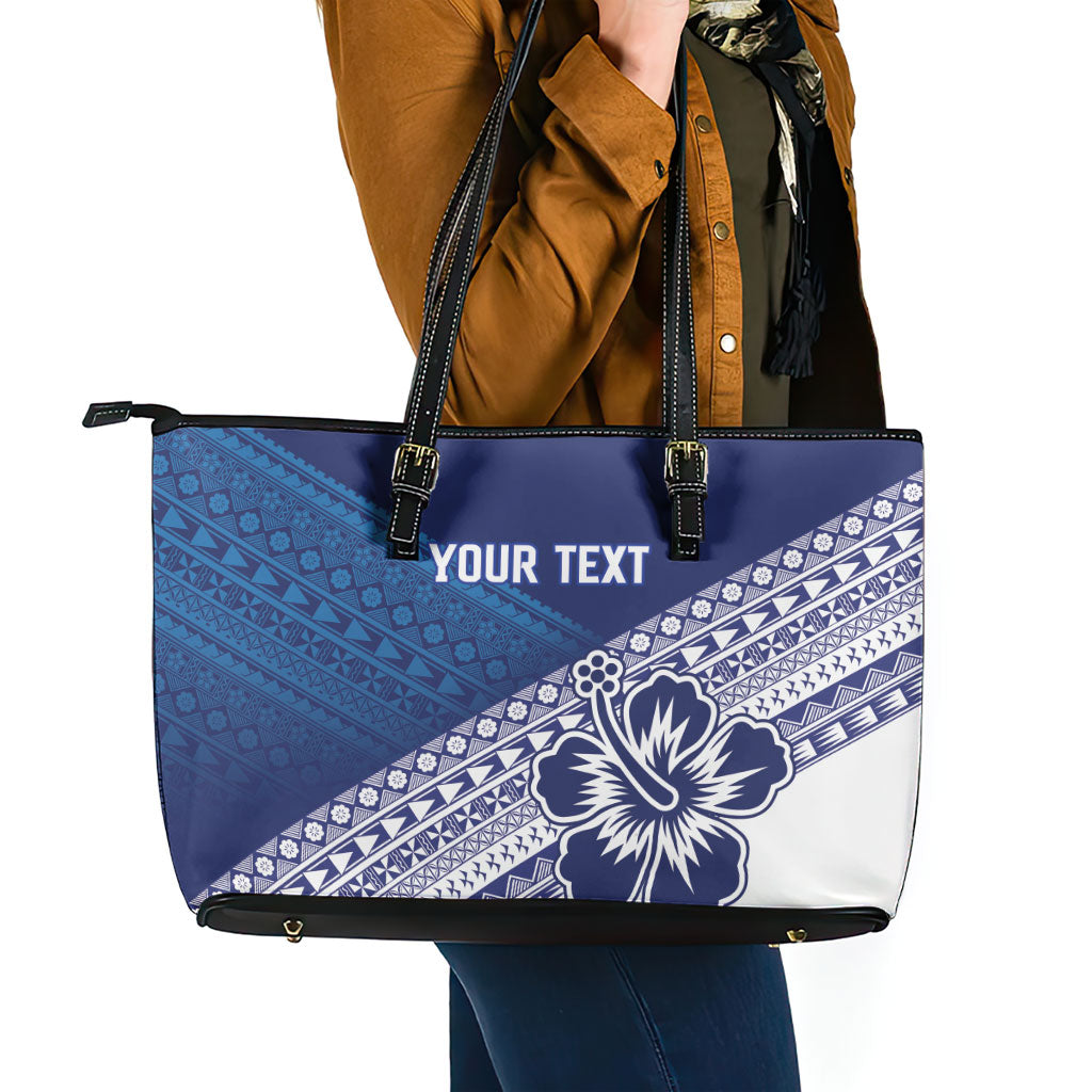 Custom Rugby Fiji Leather Tote Bag Blue Traditional Masi Inspired
