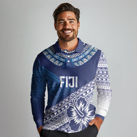 Custom Rugby Fiji Long Sleeve Polo Shirt Blue Traditional Masi Inspired