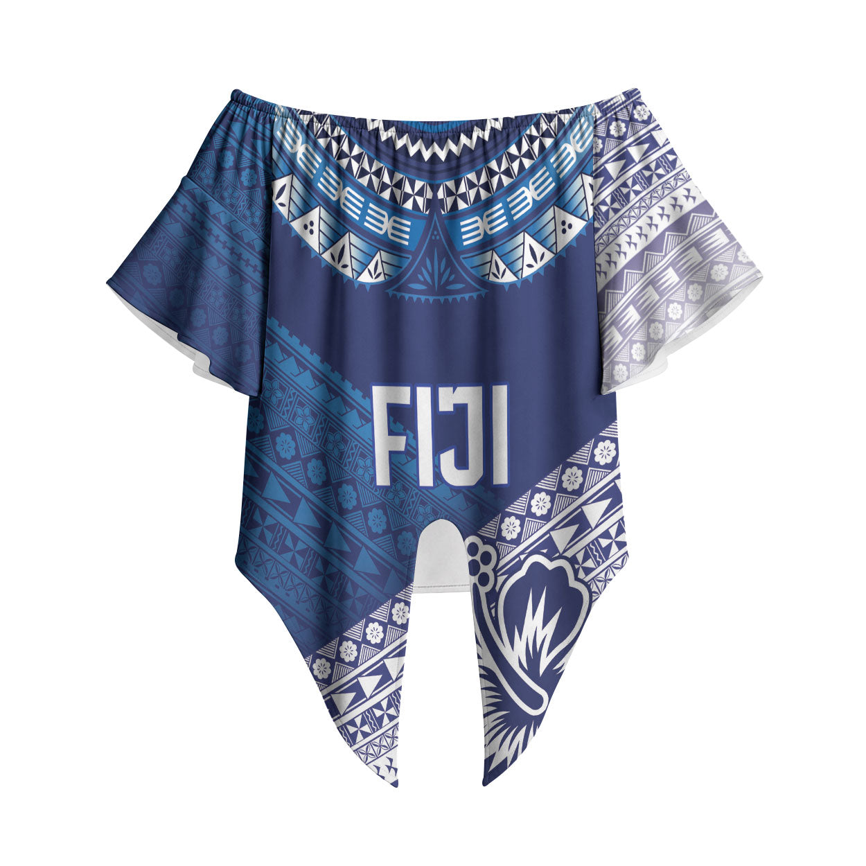 Custom Rugby Fiji Off Shoulder Wrap Waist Top Blue Traditional Masi Inspired LT9 Blue - Polynesian Pride