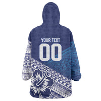 Custom Rugby Fiji Wearable Blanket Hoodie Blue Traditional Masi Inspired
