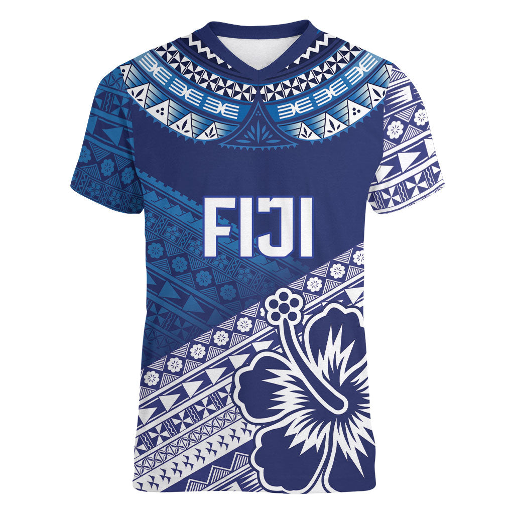 Custom Rugby Fiji Women V-Neck T-Shirt Blue Traditional Masi Inspired LT9 Female Blue - Polynesian Pride