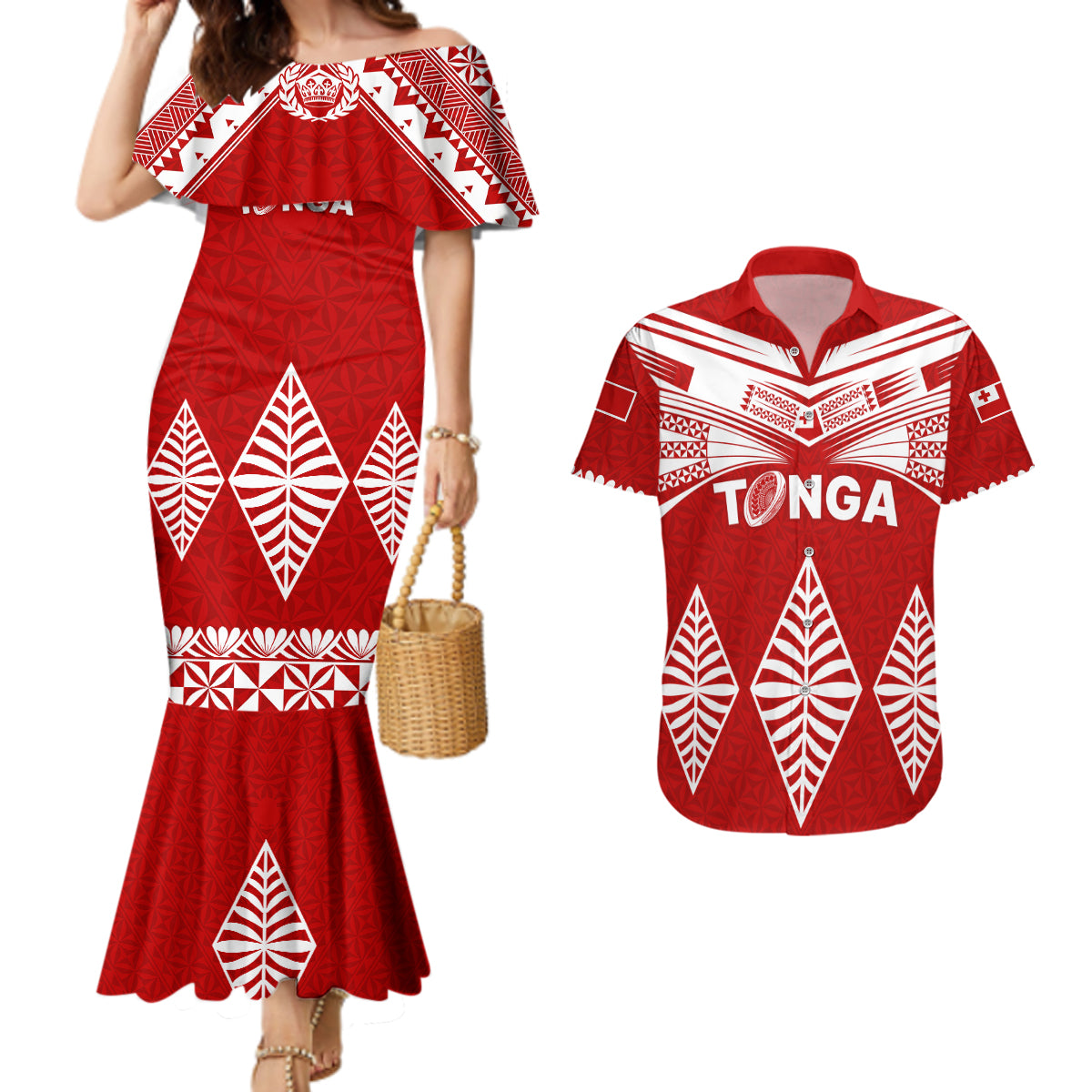 Tonga Rugby Couples Matching Mermaid Dress And Hawaiian Shirt Proud Tongan Ngatu Kupesi World Cup 2023 No1 LT9 White - Polynesian Pride