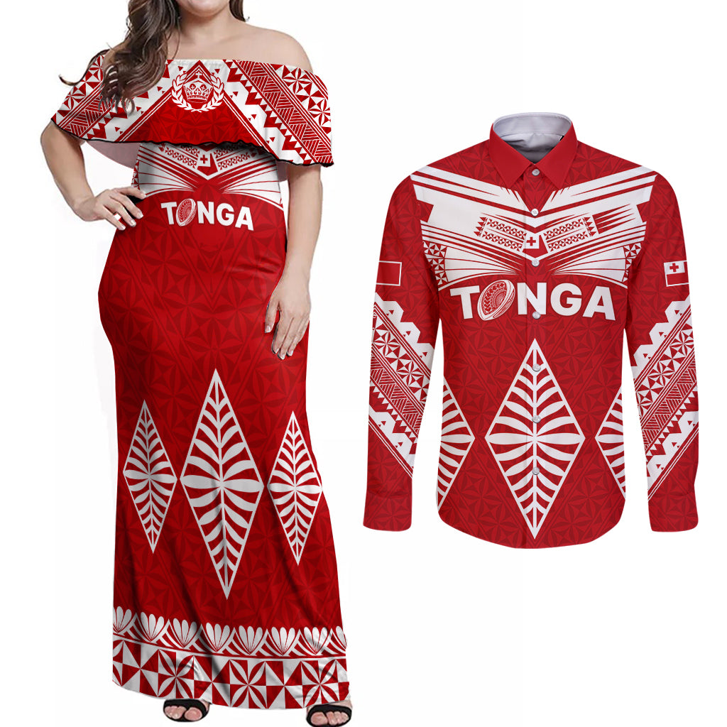 Tonga Rugby Couples Matching Off Shoulder Maxi Dress and Long Sleeve Button Shirts Proud Tongan Ngatu Kupesi World Cup 2023 No1 LT9 White - Polynesian Pride