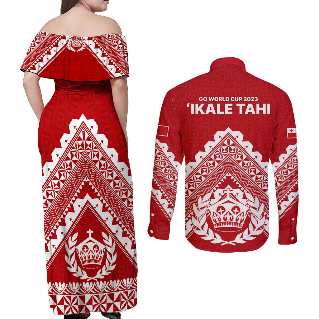 Tonga Rugby Couples Matching Off Shoulder Maxi Dress and Long Sleeve Button Shirts Proud Tongan Ngatu Kupesi World Cup 2023 No1 LT9 - Polynesian Pride