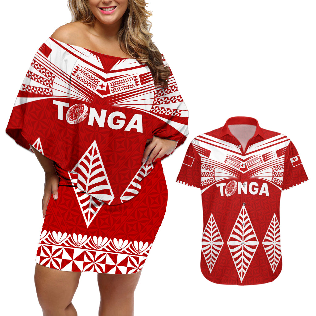 Tonga Rugby Couples Matching Off Shoulder Short Dress and Hawaiian Shirt Proud Tongan Ngatu Kupesi World Cup 2023 No1 LT9 White - Polynesian Pride