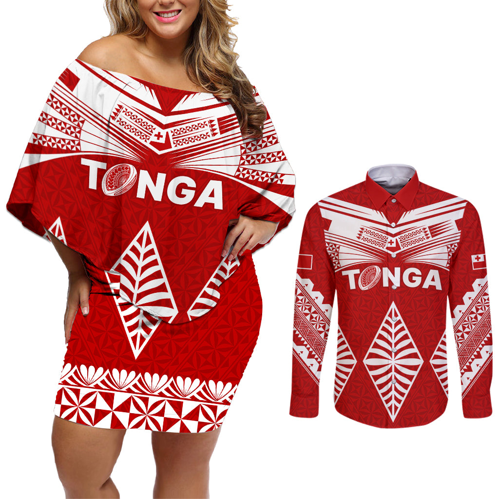 Tonga Rugby Couples Matching Off Shoulder Short Dress and Long Sleeve Button Shirts Proud Tongan Ngatu Kupesi World Cup 2023 No1 LT9 White - Polynesian Pride