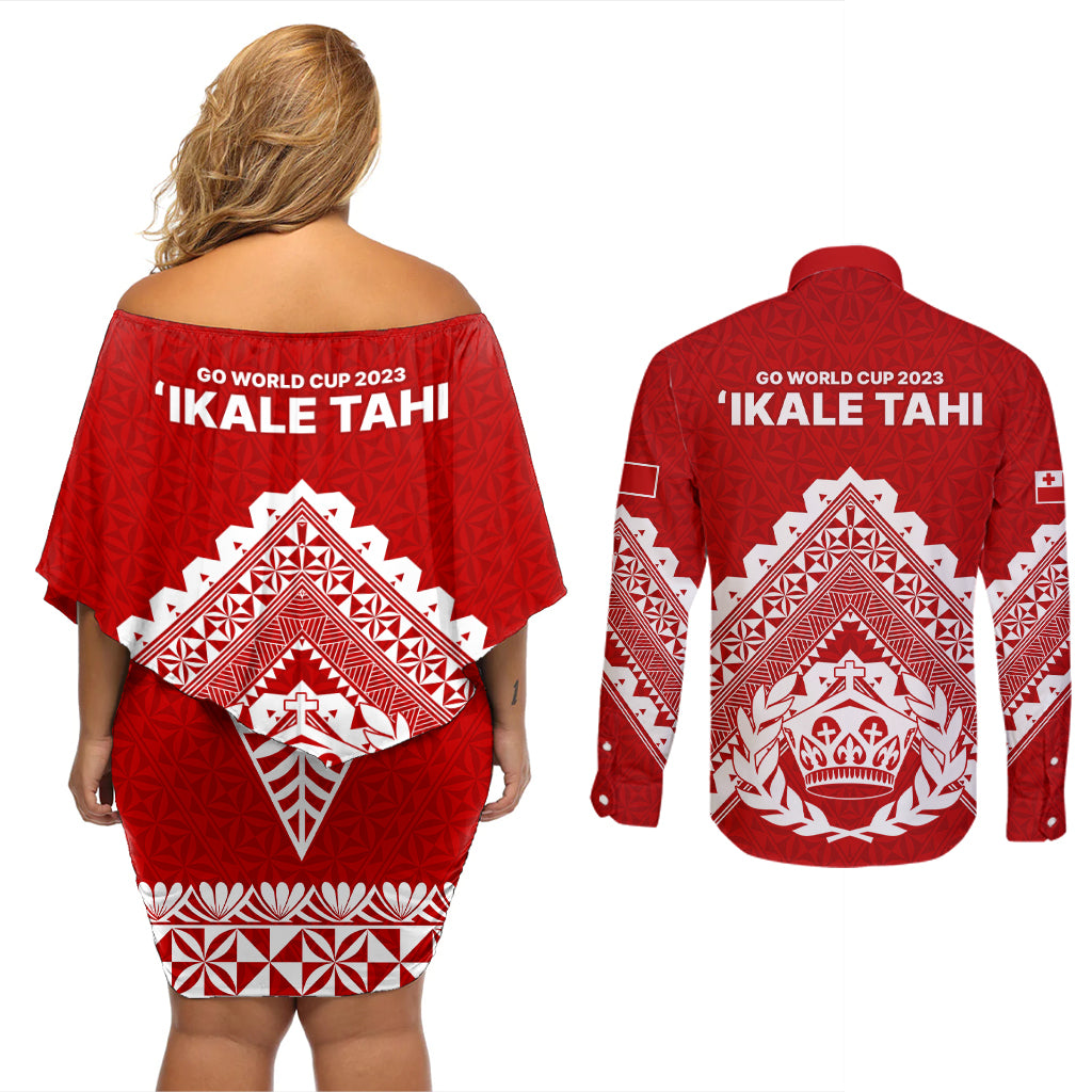 Tonga Rugby Couples Matching Off Shoulder Short Dress and Long Sleeve Button Shirts Proud Tongan Ngatu Kupesi World Cup 2023 No1 LT9 - Polynesian Pride