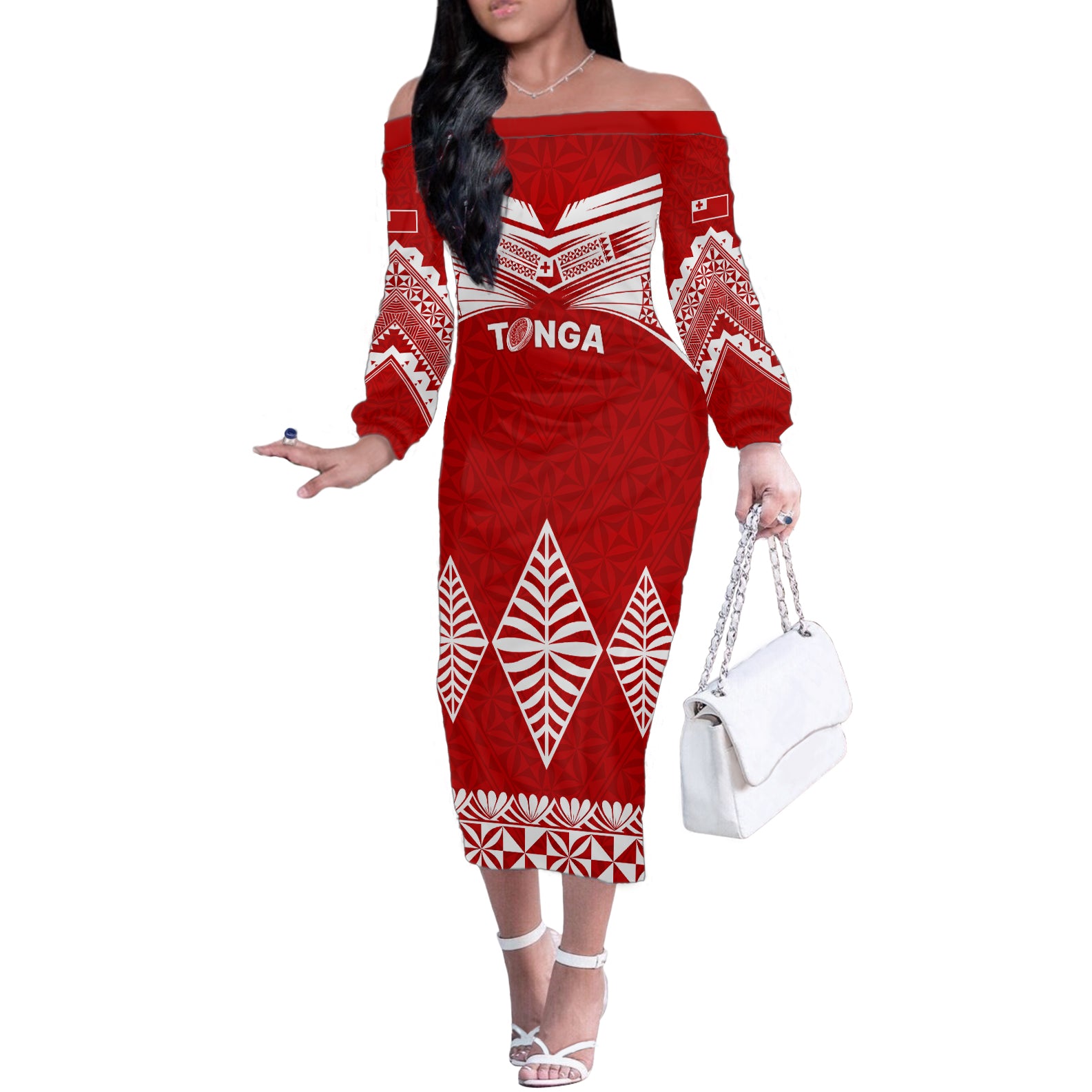 Tonga Rugby Off The Shoulder Long Sleeve Dress Proud Tongan Ngatu Kupesi World Cup 2023 No1 LT9 Women White - Polynesian Pride