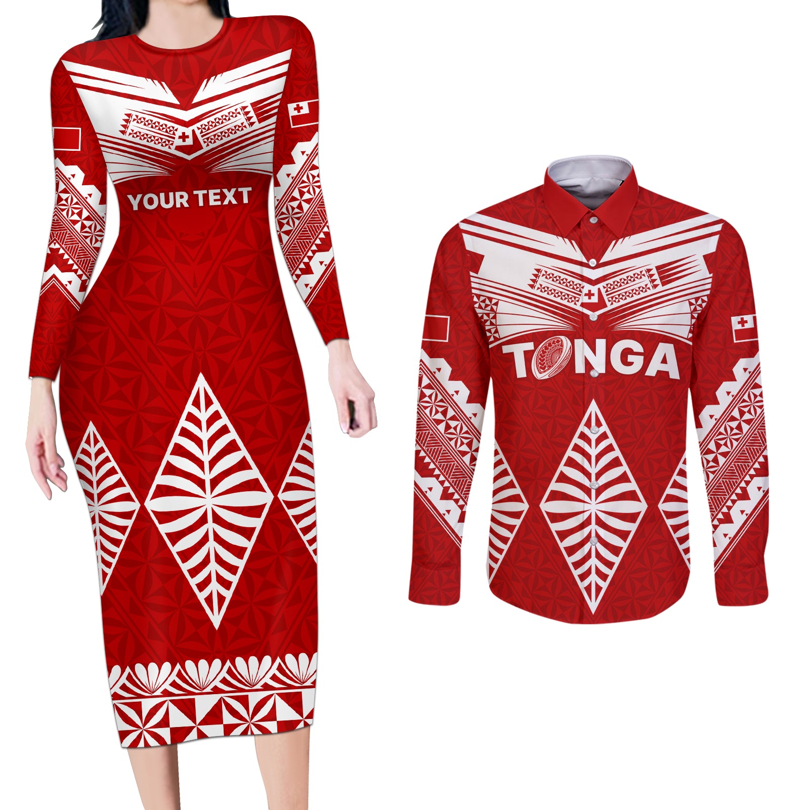 Custom Tonga Rugby Couples Matching Long Sleeve Bodycon Dress and Long Sleeve Button Shirts Proud Tongan Ngatu Kupesi World Cup 2023 No1 LT9 White - Polynesian Pride