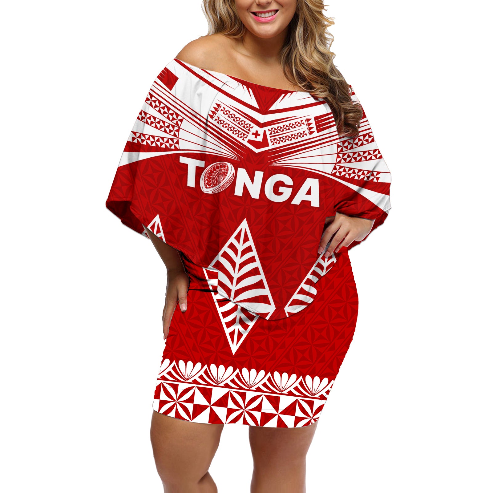 Custom Tonga Rugby Off Shoulder Short Dress Proud Tongan Ngatu Kupesi World Cup 2023 No1 LT9 Women White - Polynesian Pride