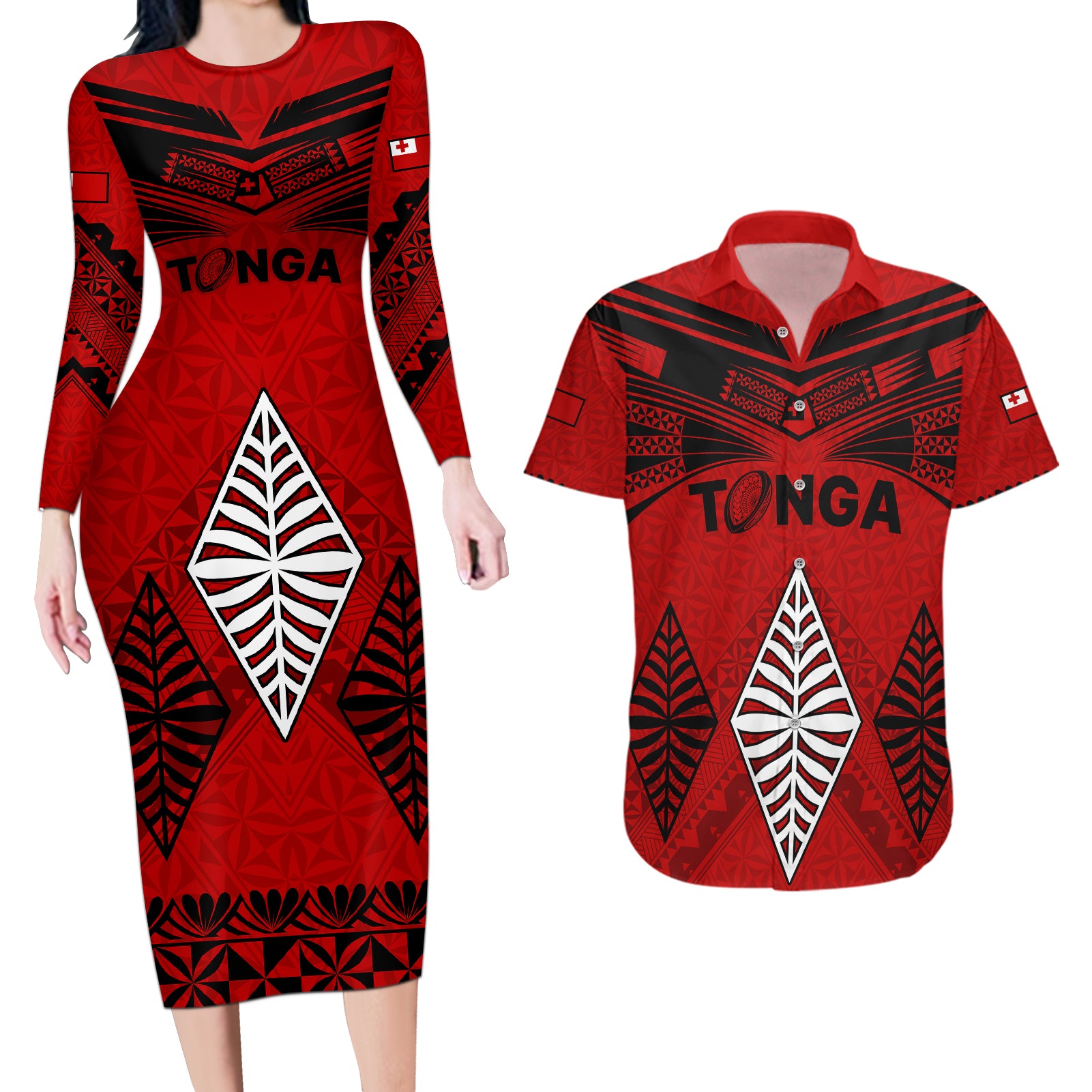 Tonga Rugby Couples Matching Long Sleeve Bodycon Dress and Hawaiian Shirt Proud Tongan Ngatu Kupesi World Cup 2023 No2 LT9 Black - Polynesian Pride