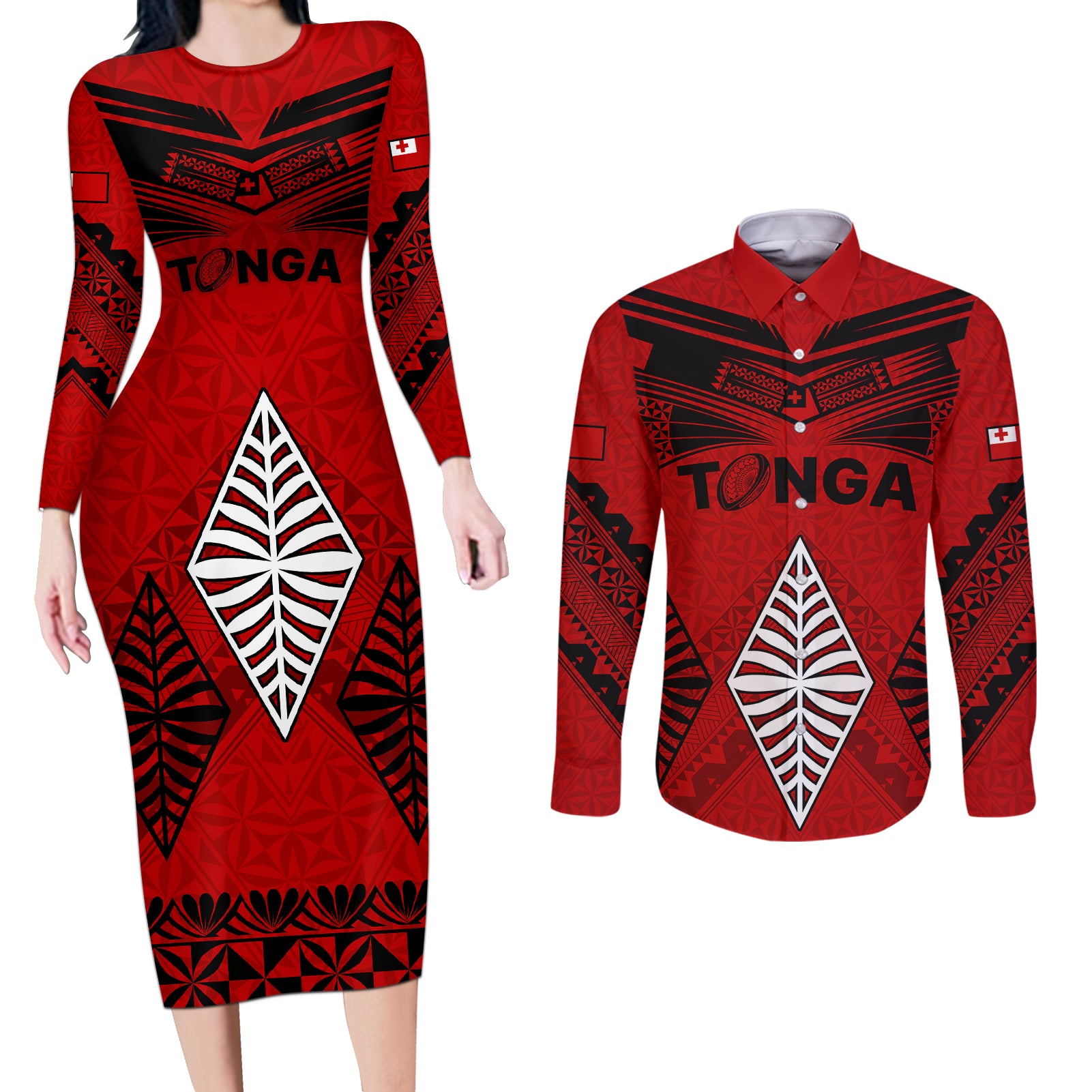 Tonga Rugby Couples Matching Long Sleeve Bodycon Dress and Long Sleeve Button Shirts Proud Tongan Ngatu Kupesi World Cup 2023 No2 LT9 Black - Polynesian Pride