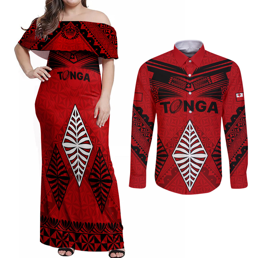 Tonga Rugby Couples Matching Off Shoulder Maxi Dress and Long Sleeve Button Shirts Proud Tongan Ngatu Kupesi World Cup 2023 No2 LT9 Black - Polynesian Pride