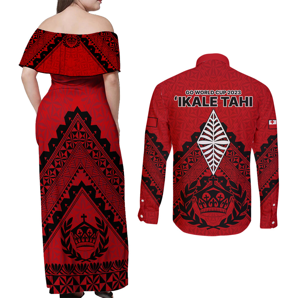 Tonga Rugby Couples Matching Off Shoulder Maxi Dress and Long Sleeve Button Shirts Proud Tongan Ngatu Kupesi World Cup 2023 No2 LT9 - Polynesian Pride