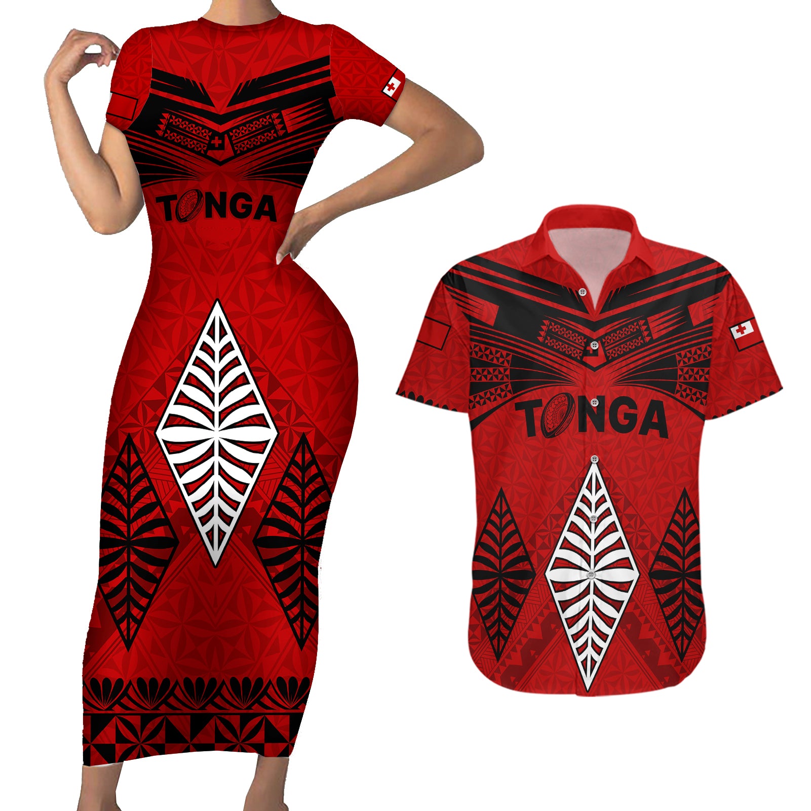 Tonga Rugby Couples Matching Short Sleeve Bodycon Dress and Hawaiian Shirt Proud Tongan Ngatu Kupesi World Cup 2023 No2 LT9 Black - Polynesian Pride