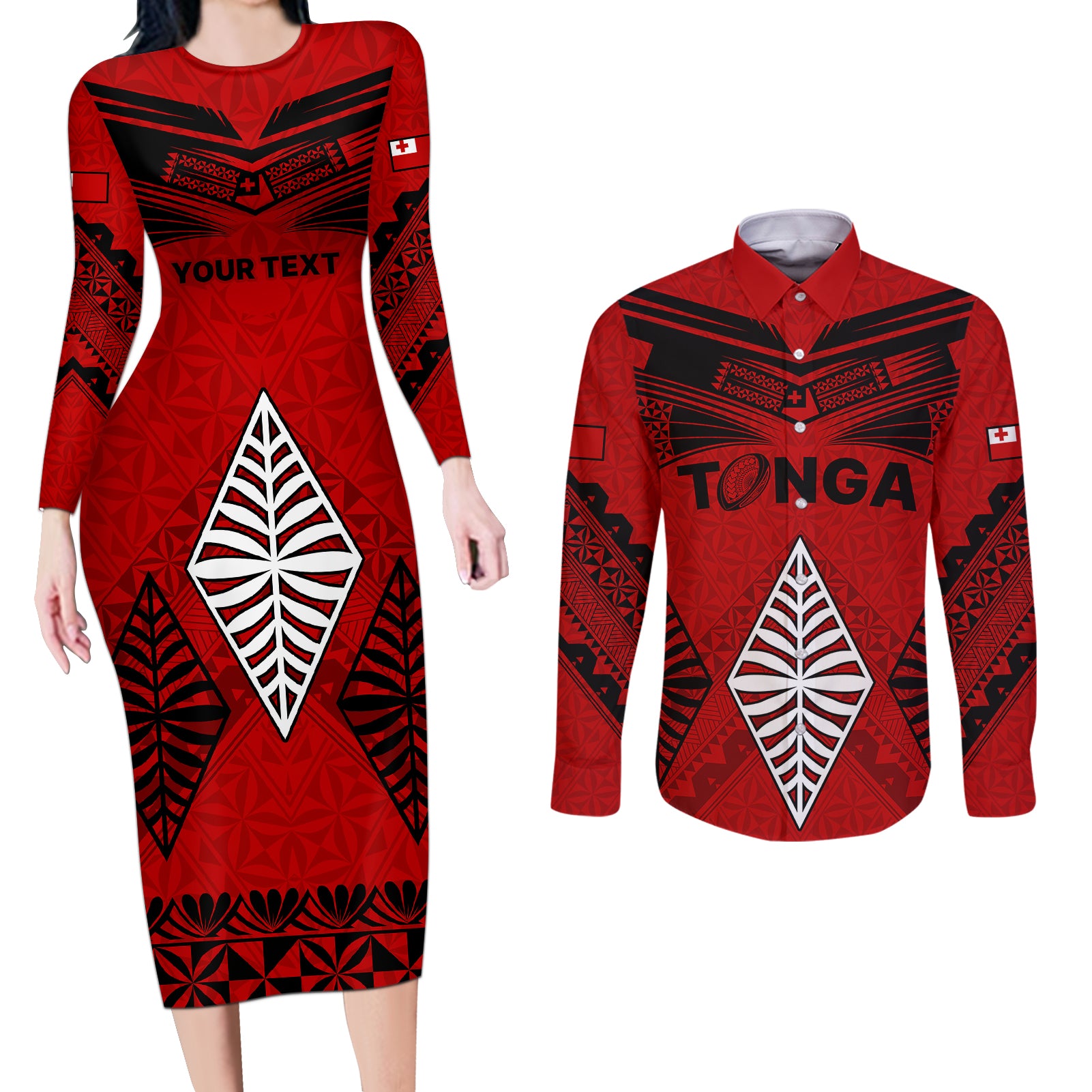 Custom Tonga Rugby Couples Matching Long Sleeve Bodycon Dress and Long Sleeve Button Shirts Proud Tongan Ngatu Kupesi World Cup 2023 No2 LT9 Black - Polynesian Pride