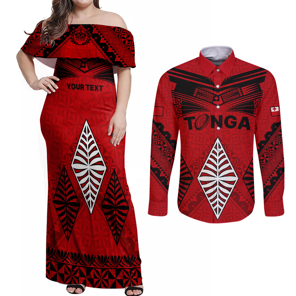 Custom Tonga Rugby Couples Matching Off Shoulder Maxi Dress and Long Sleeve Button Shirts Proud Tongan Ngatu Kupesi World Cup 2023 No2 LT9 Black - Polynesian Pride