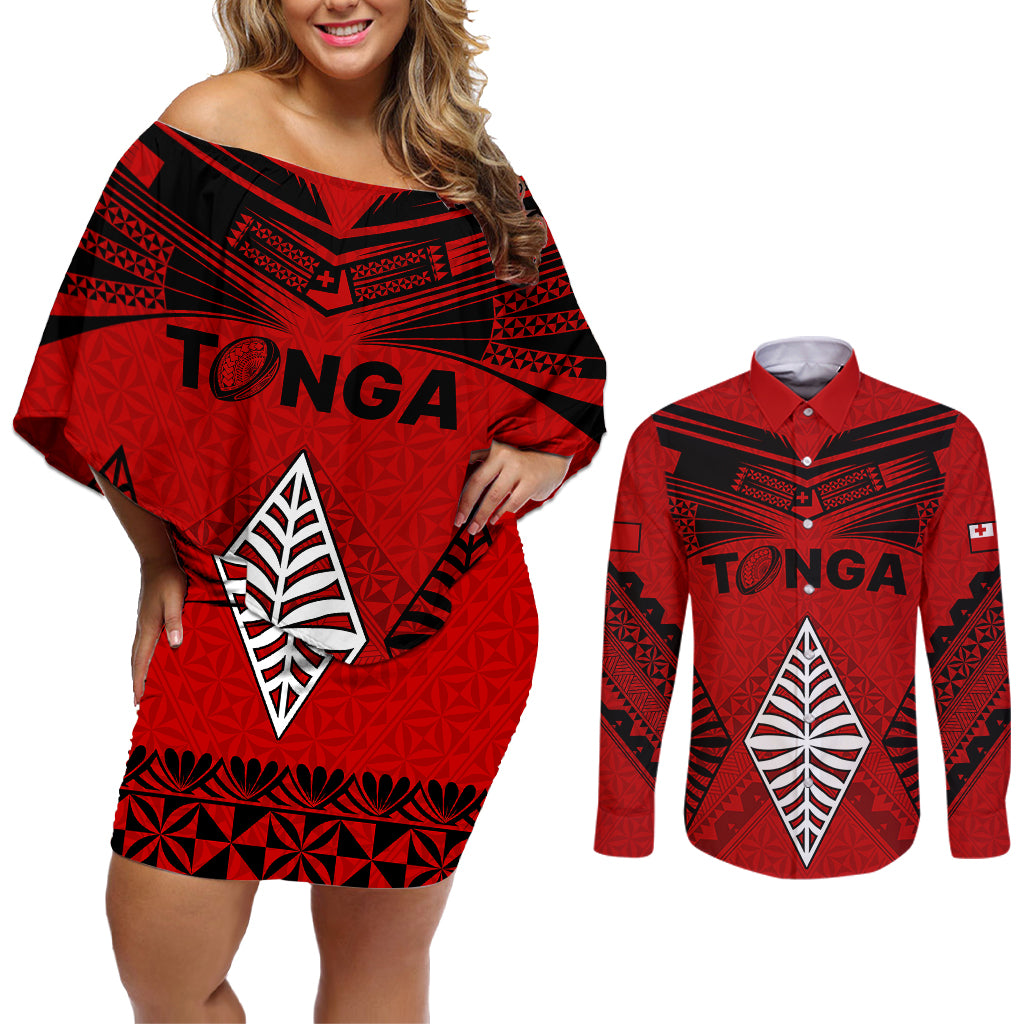 Custom Tonga Rugby Couples Matching Off Shoulder Short Dress and Long Sleeve Button Shirts Proud Tongan Ngatu Kupesi World Cup 2023 No2 LT9 Black - Polynesian Pride