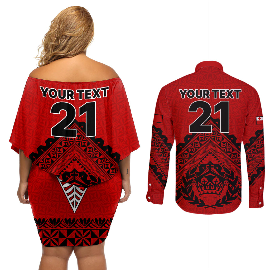 Custom Tonga Rugby Couples Matching Off Shoulder Short Dress and Long Sleeve Button Shirts Proud Tongan Ngatu Kupesi World Cup 2023 No2 LT9 - Polynesian Pride