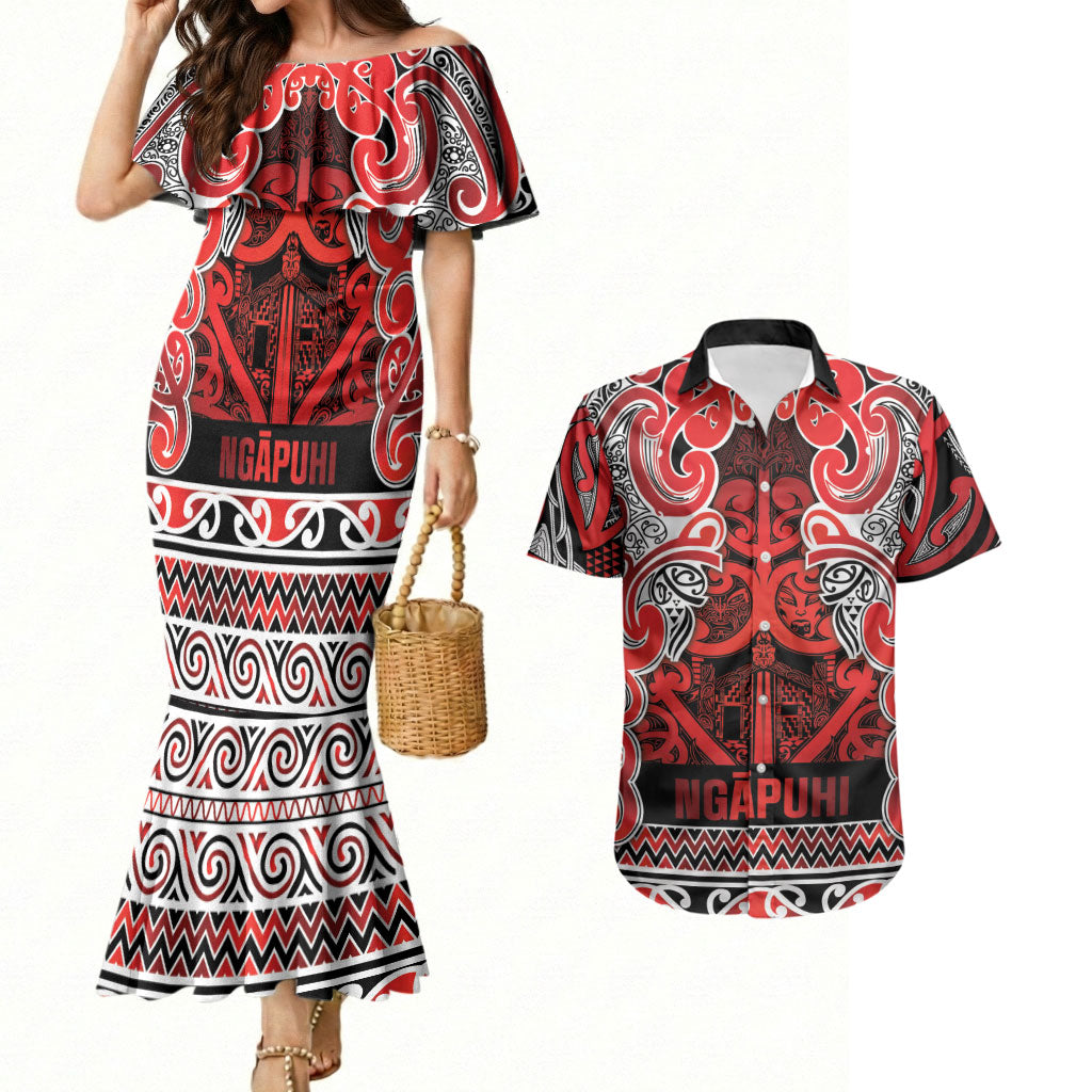 Aotearoa Iwi Ngapuhi Couples Matching Mermaid Dress and Hawaiian Shirt Maori Wharenui House Tribal Pattern LT9 Red - Polynesian Pride