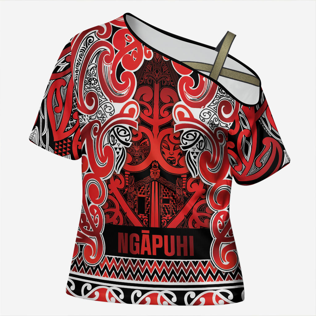 Aotearoa Iwi Ngapuhi Cross Shoulder Shirt Maori Wharenui House Tribal Pattern LT9 Female Red - Polynesian Pride