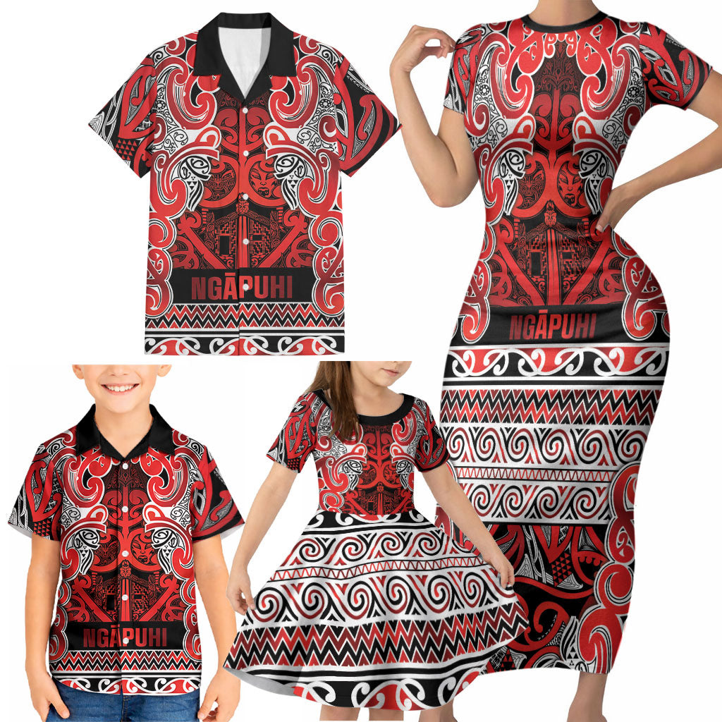 Aotearoa Iwi Ngapuhi Family Matching Short Sleeve Bodycon Dress and Hawaiian Shirt Maori Wharenui House Tribal Pattern LT9 - Polynesian Pride