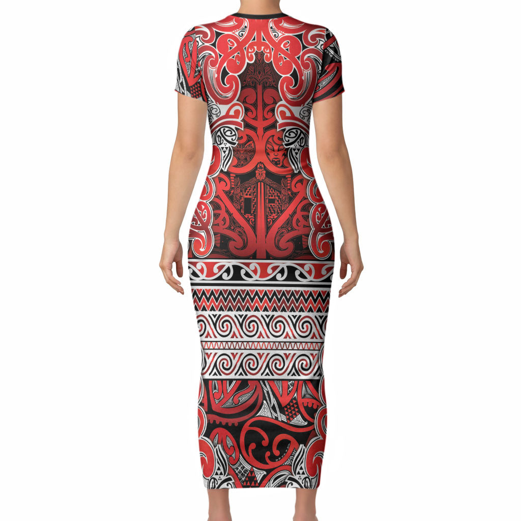 Aotearoa Iwi Ngapuhi Short Sleeve Bodycon Dress Maori Wharenui House Tribal Pattern LT9 - Polynesian Pride