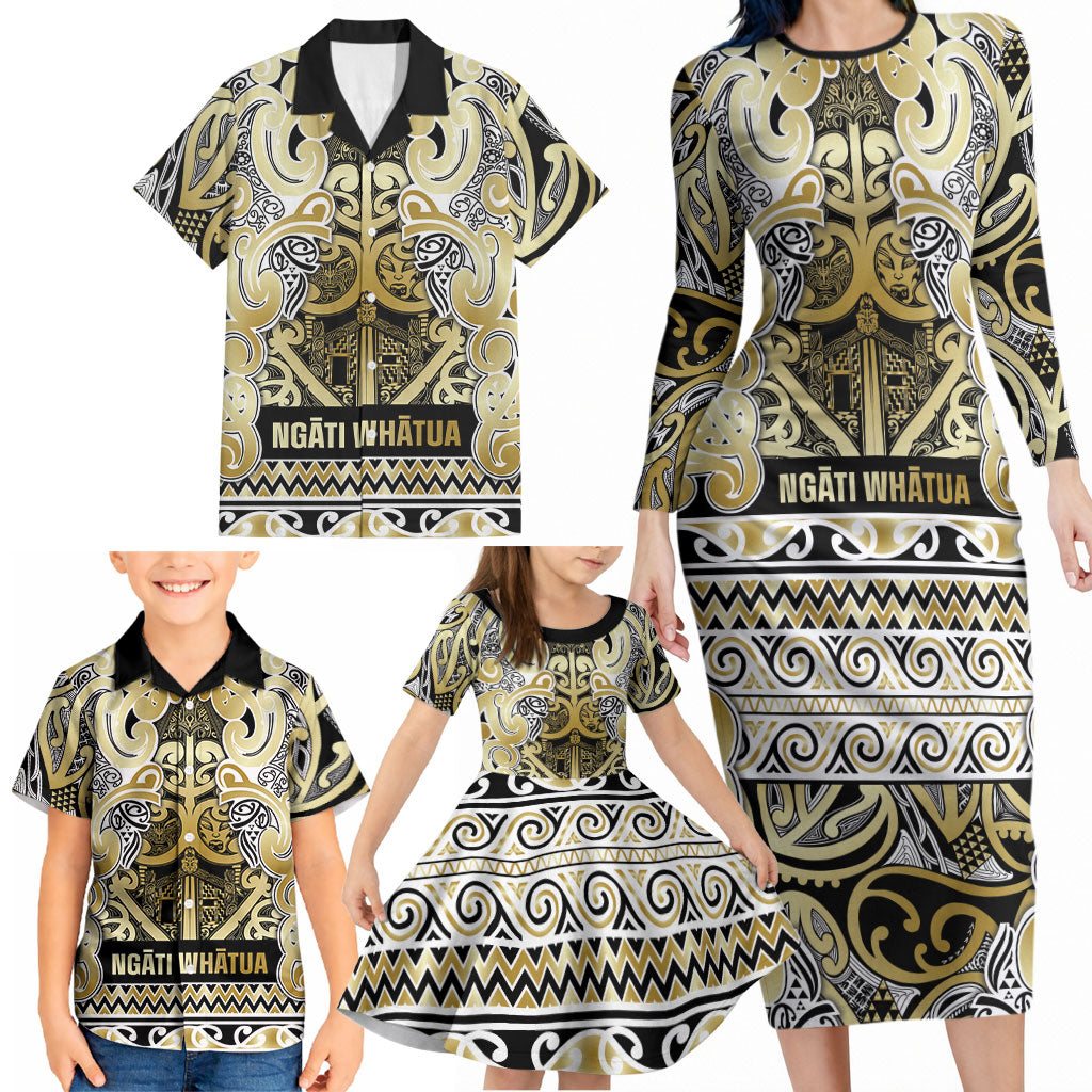 Aotearoa Iwi Ngati Whatua Family Matching Long Sleeve Bodycon Dress and Hawaiian Shirt Maori Wharenui House Tribal Pattern