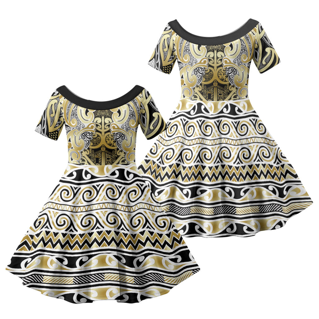 Aotearoa Iwi Ngati Whatua Family Matching Off Shoulder Maxi Dress and Hawaiian Shirt Maori Wharenui House Tribal Pattern LT9 Daughter's Dress Gold - Polynesian Pride