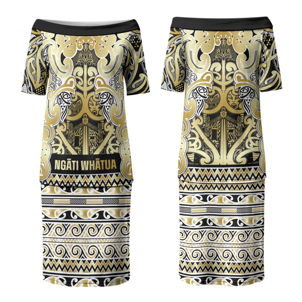 Aotearoa Iwi Ngati Whatua Family Matching Puletasi and Hawaiian Shirt Maori Wharenui House Tribal Pattern LT9 Mom's Dress Gold - Polynesian Pride