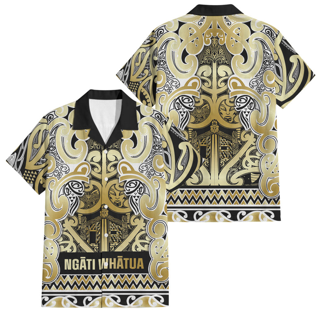 Aotearoa Iwi Ngati Whatua Family Matching Short Sleeve Bodycon Dress and Hawaiian Shirt Maori Wharenui House Tribal Pattern LT9 Dad's Shirt - Short Sleeve Gold - Polynesian Pride