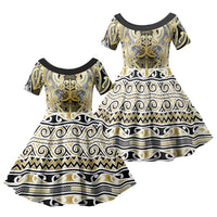 Aotearoa Iwi Ngati Whatua Family Matching Short Sleeve Bodycon Dress and Hawaiian Shirt Maori Wharenui House Tribal Pattern LT9 Daughter's Dress Gold - Polynesian Pride
