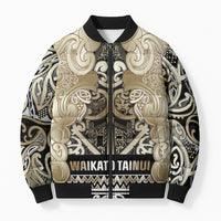 Aotearoa Iwi Waikato Tainui Bomber Puffer Jacket Maori Wharenui House Tribal Pattern LT9 Unisex Light Gold - Polynesian Pride