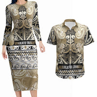 Aotearoa Iwi Waikato Tainui Couples Matching Long Sleeve Bodycon Dress and Hawaiian Shirt Maori Wharenui House Tribal Pattern LT9 Light Gold - Polynesian Pride