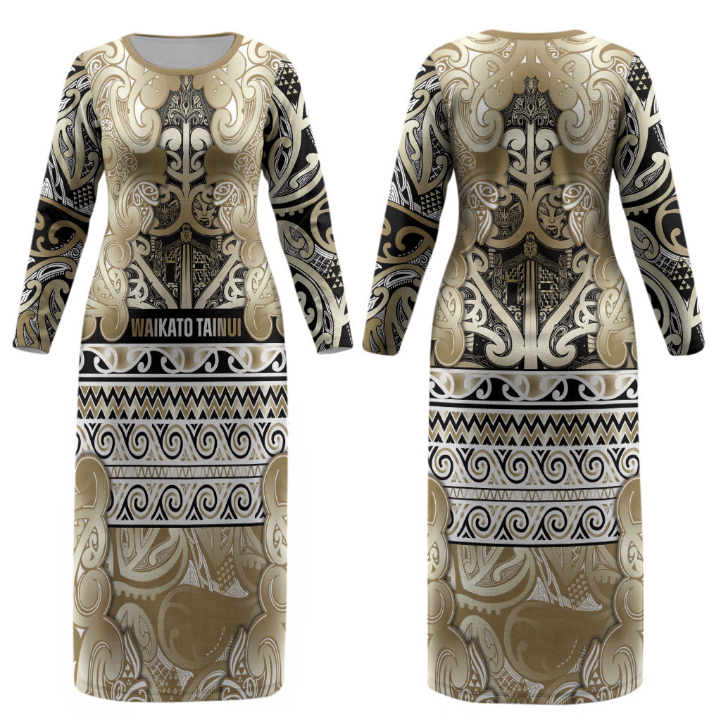 Aotearoa Iwi Waikato Tainui Couples Matching Long Sleeve Bodycon Dress and Hawaiian Shirt Maori Wharenui House Tribal Pattern LT9 - Polynesian Pride