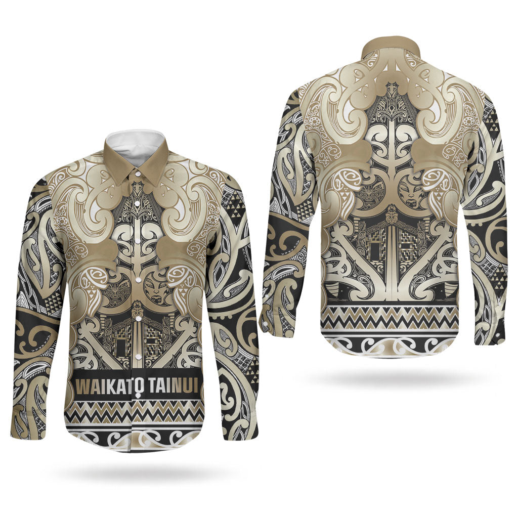 Aotearoa Iwi Waikato Tainui Couples Matching Long Sleeve Bodycon Dress and Long Sleeve Button Shirt Maori Wharenui House Tribal Pattern LT9 - Polynesian Pride