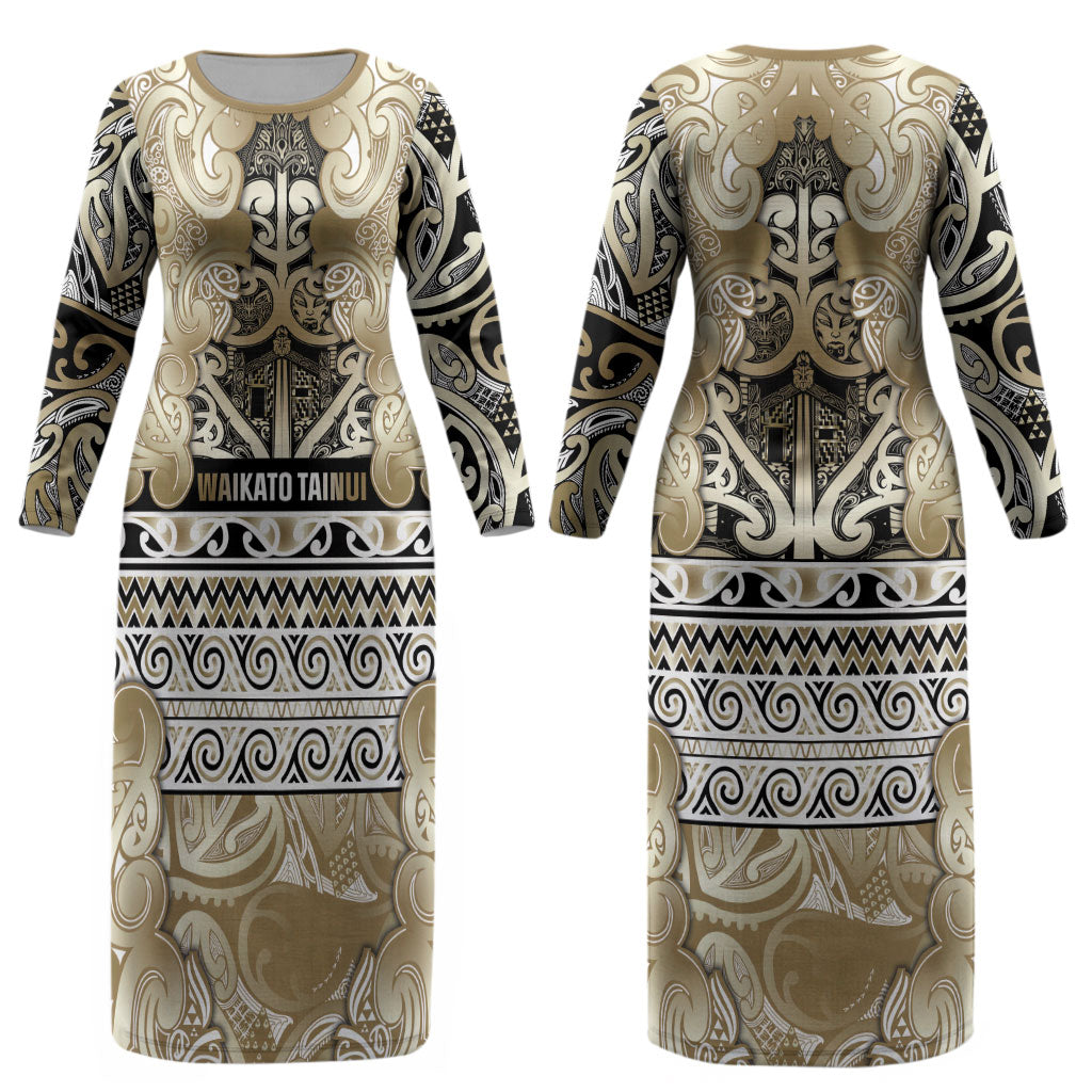 Aotearoa Iwi Waikato Tainui Couples Matching Long Sleeve Bodycon Dress and Long Sleeve Button Shirt Maori Wharenui House Tribal Pattern LT9 - Polynesian Pride