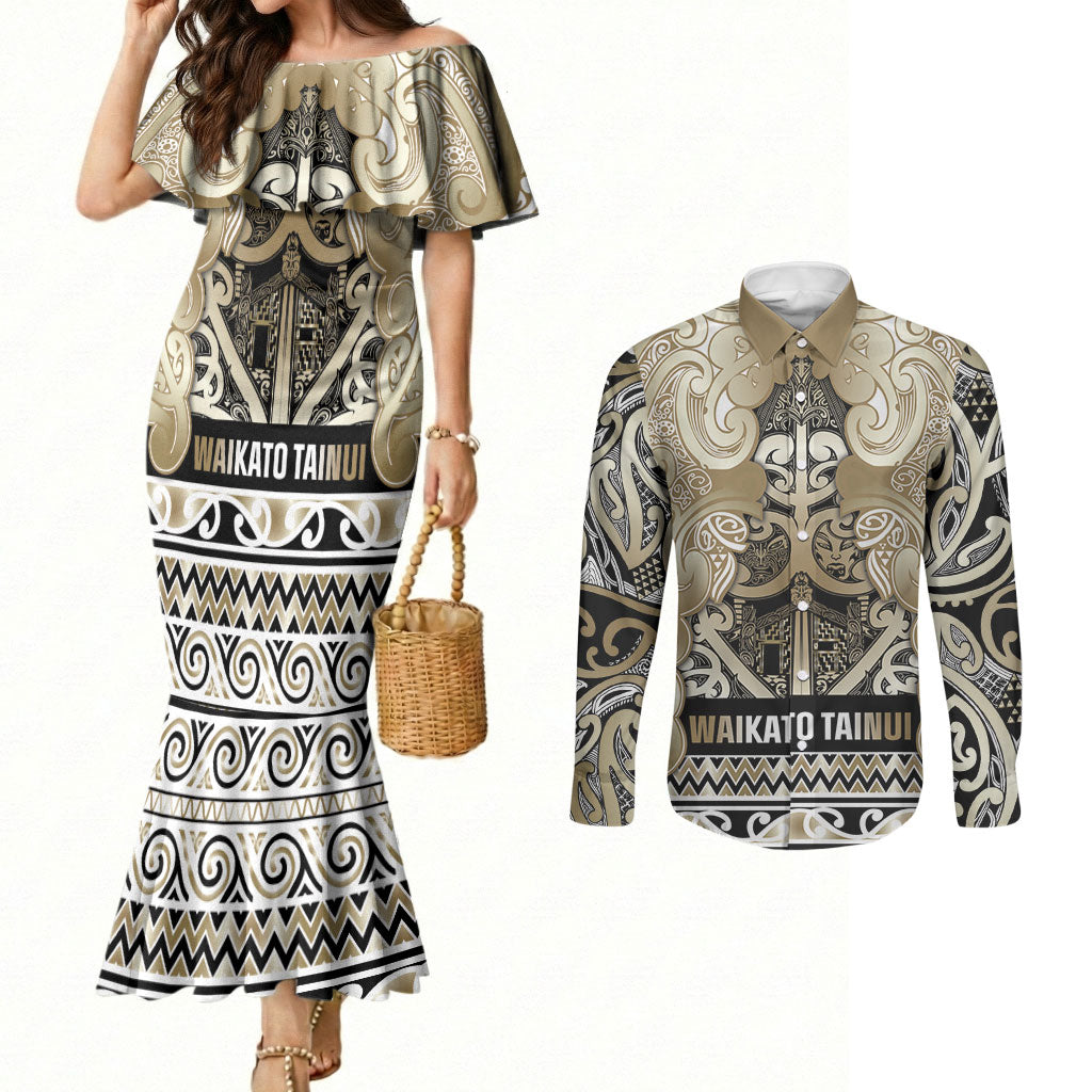 Aotearoa Iwi Waikato Tainui Couples Matching Mermaid Dress and Long Sleeve Button Shirt Maori Wharenui House Tribal Pattern LT9 Light Gold - Polynesian Pride