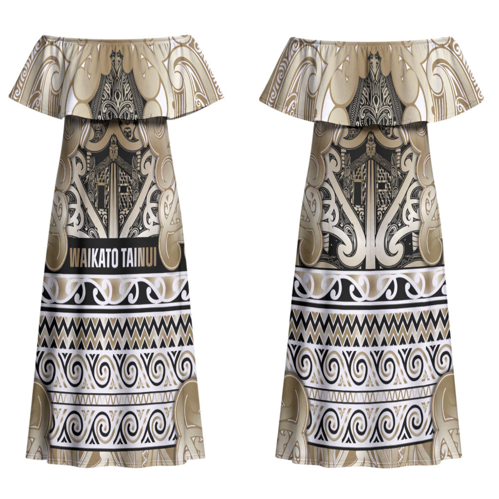 Aotearoa Iwi Waikato Tainui Couples Matching Off Shoulder Maxi Dress and Hawaiian Shirt Maori Wharenui House Tribal Pattern LT9 - Polynesian Pride