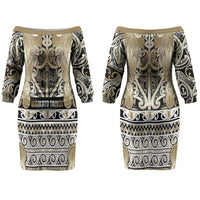 Aotearoa Iwi Waikato Tainui Couples Matching Off The Shoulder Long Sleeve Dress and Long Sleeve Button Shirt Maori Wharenui House Tribal Pattern LT9 - Polynesian Pride