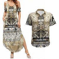 Aotearoa Iwi Waikato Tainui Couples Matching Summer Maxi Dress and Hawaiian Shirt Maori Wharenui House Tribal Pattern LT9 Light Gold - Polynesian Pride