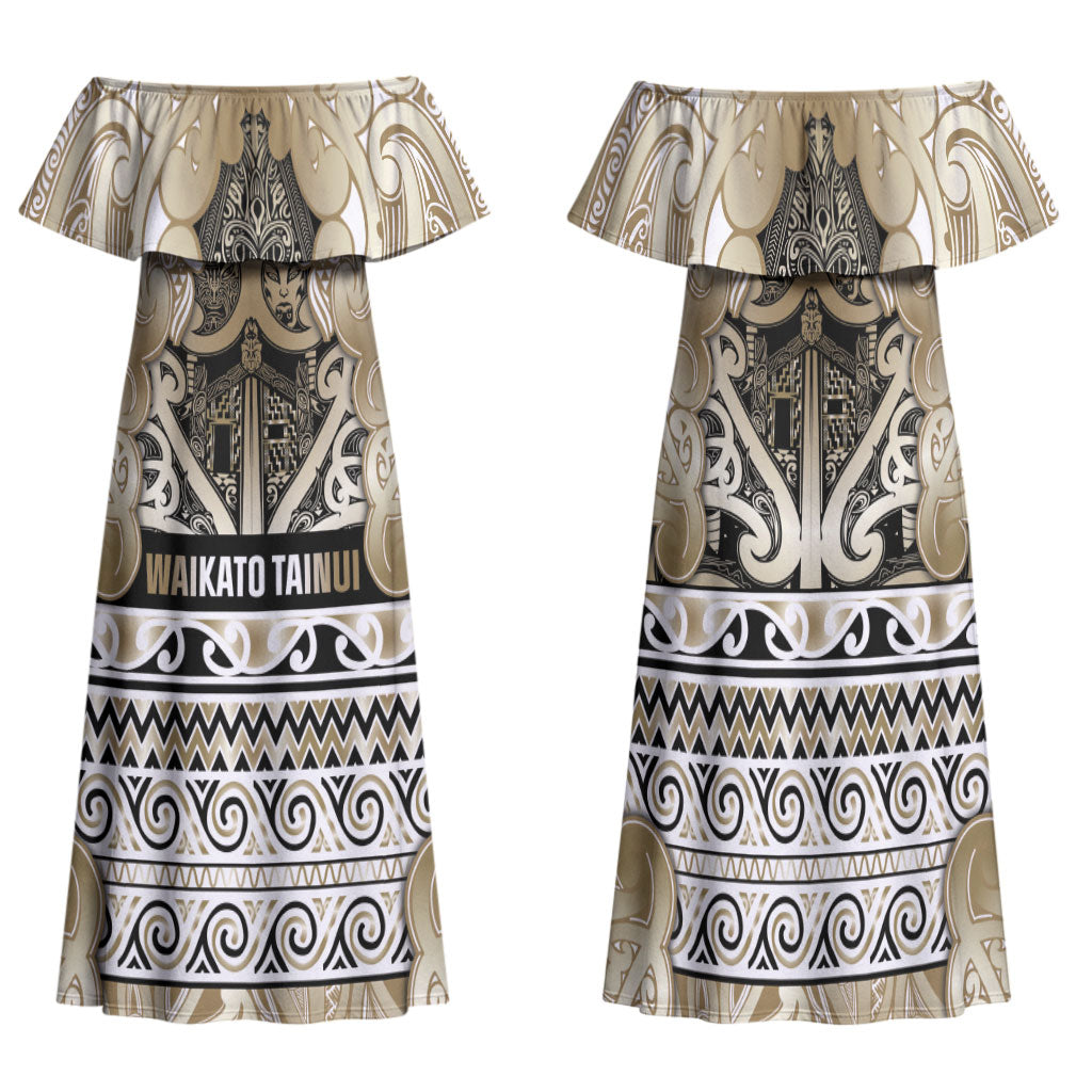 Aotearoa Iwi Waikato Tainui Family Matching Off Shoulder Maxi Dress and Hawaiian Shirt Maori Wharenui House Tribal Pattern LT9 Mom's Dress Light Gold - Polynesian Pride