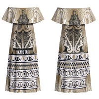 Aotearoa Iwi Waikato Tainui Family Matching Off Shoulder Maxi Dress and Hawaiian Shirt Maori Wharenui House Tribal Pattern LT9 Mom's Dress Light Gold - Polynesian Pride