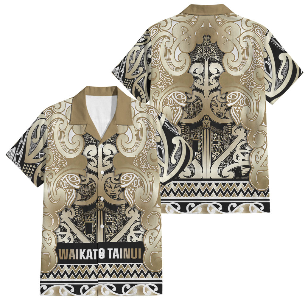 Aotearoa Iwi Waikato Tainui Family Matching Off Shoulder Maxi Dress and Hawaiian Shirt Maori Wharenui House Tribal Pattern LT9 Dad's Shirt - Short Sleeve Light Gold - Polynesian Pride