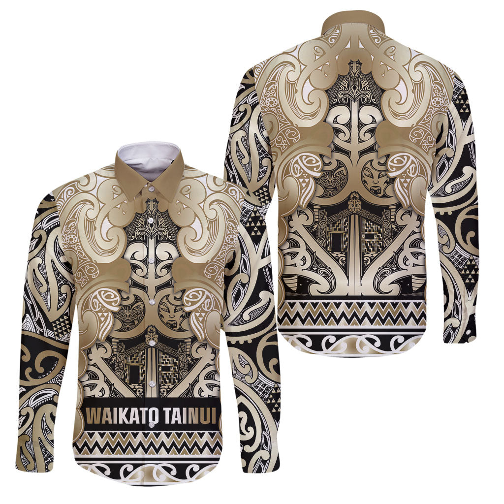Aotearoa Iwi Waikato Tainui Family Matching Off Shoulder Maxi Dress and Hawaiian Shirt Maori Wharenui House Tribal Pattern LT9 Dad's Shirt - Long Sleeve Light Gold - Polynesian Pride