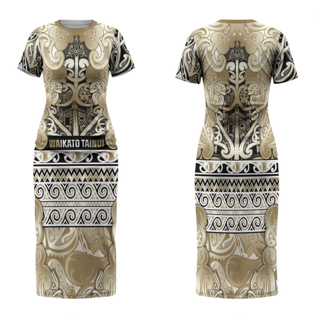 Aotearoa Iwi Waikato Tainui Family Matching Short Sleeve Bodycon Dress and Hawaiian Shirt Maori Wharenui House Tribal Pattern LT9 Mom's Dress Light Gold - Polynesian Pride