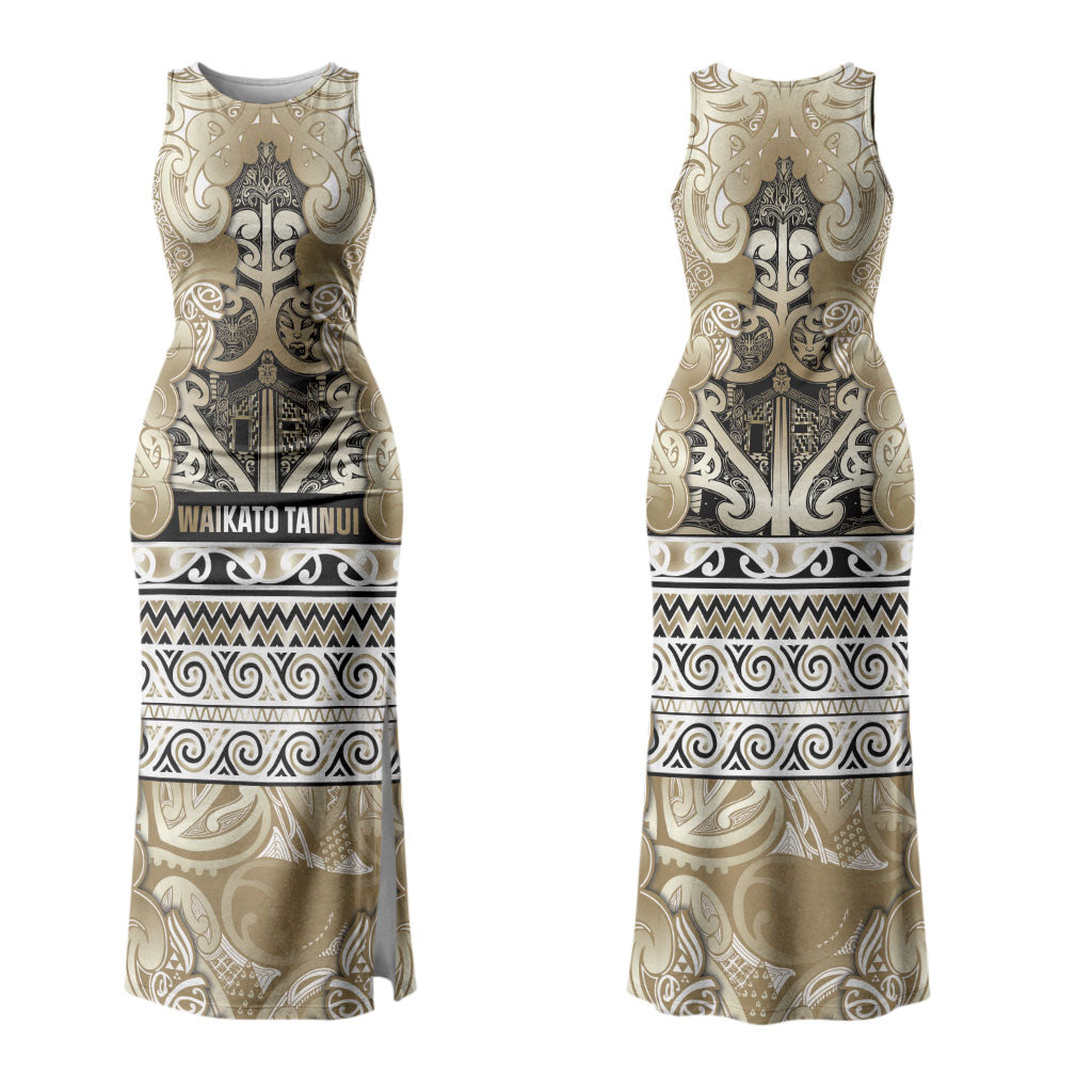 Aotearoa Iwi Waikato Tainui Family Matching Tank Maxi Dress and Hawaiian Shirt Maori Wharenui House Tribal Pattern LT9 Mom's Dress Light Gold - Polynesian Pride