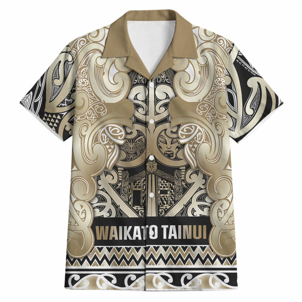 Aotearoa Iwi Waikato Tainui Hawaiian Shirt Maori Wharenui House Tribal Pattern LT9 Light Gold - Polynesian Pride