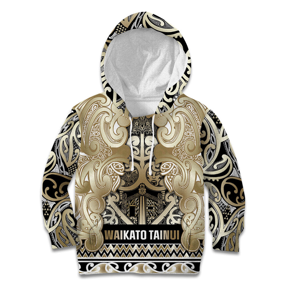 Aotearoa Iwi Waikato Tainui Kid Hoodie Maori Wharenui House Tribal Pattern LT9 Hoodie Light Gold - Polynesian Pride